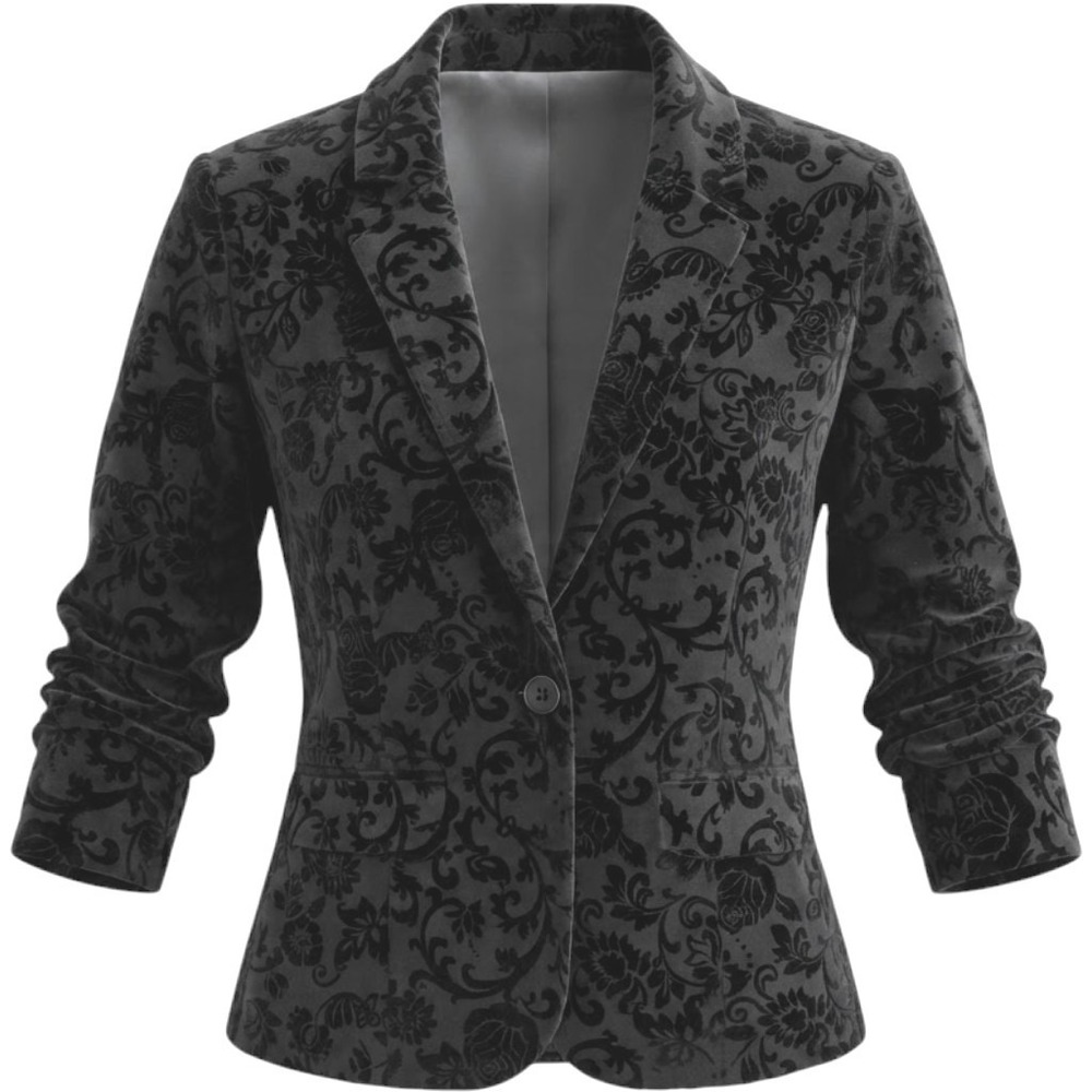 Dressbarn Womens Black Velvet Flocked Floral Damask Blazer Jacket Size Large